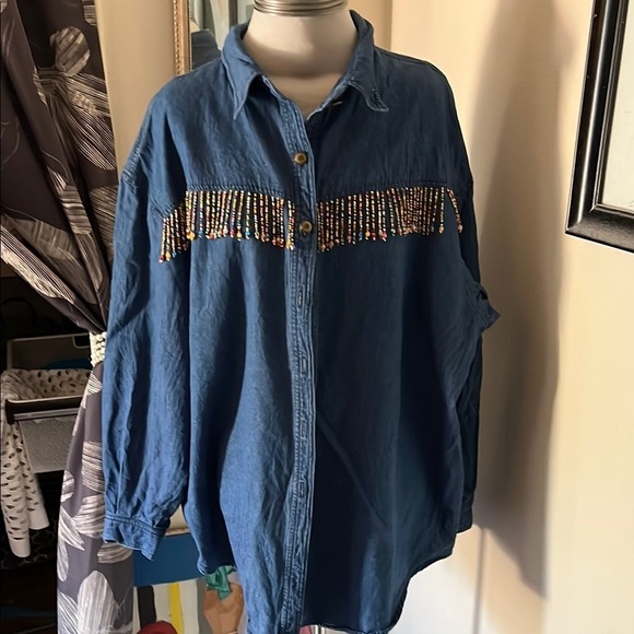 Amy Adams Tops - Amy Adams Vintage Beaded Fringe Blue Denim Button-Up Shirt Size 2XL